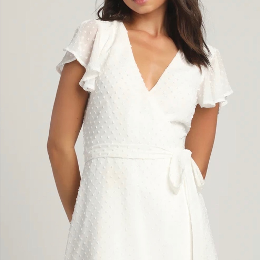 Lulus Large White Swiss Dot Flutter Sleeve Wrap Mini Dress